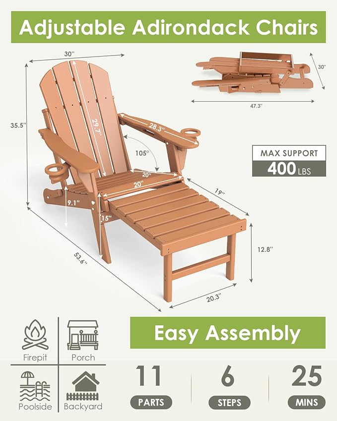 GREENVINES Adjustable Adirondack Chair with Retractable Ottoman | Folding | HDPE Plastic | Fire Pit Chairs w/Foot Rest | 2 Cup Holders | Teak | for Outdoor Patio Poolside Deck