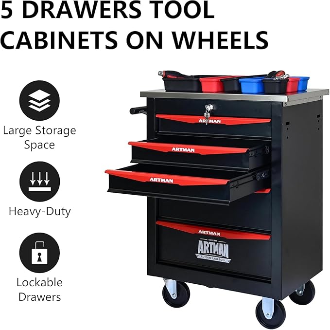 5 Drawer Tool Chest on Wheels, Multifunctional Rolling Tool Cart, Drawer Rolling Trolley Organizer Tool Box for Garage,Workshop,DIY Multiple Interconnectable(5 Drawers-30.5" H)