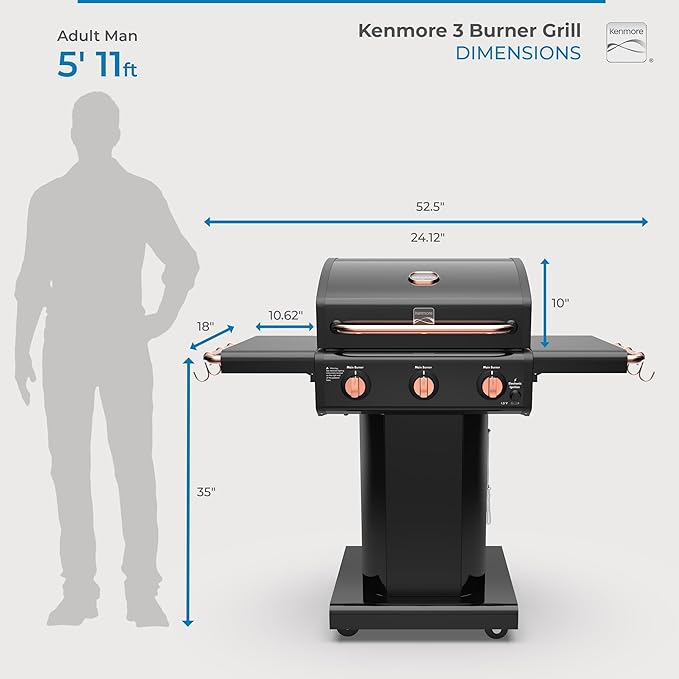 Kenmore 3-Burner Propane BBQ Grill, 30,000 BTUs Gas Grill with Cast Iron Cooking Grates, Folding Side Tables & Wheels, Outdoor Grill with Tool Hooks, Black/Copper + Bonus Cover