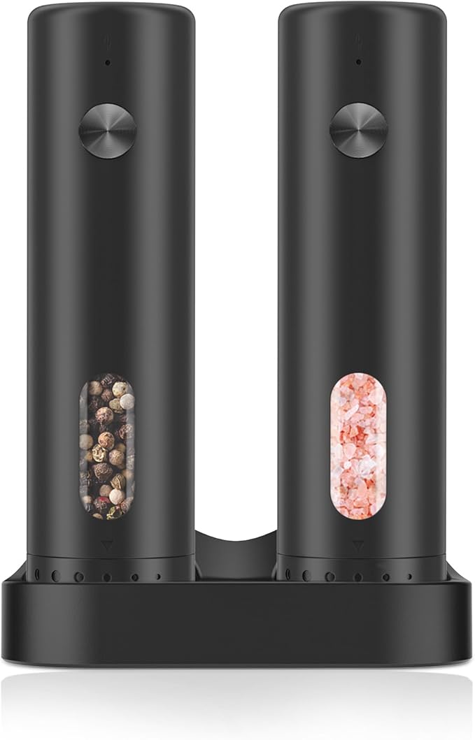 Electric Salt and Pepper Grinder Set with Rechargeable Base, Refillable Pepper Mill Set with LED Light & Adjustable Coarseness, Ideal for Kitchen, Outdoor, BBQ & Gift Giving