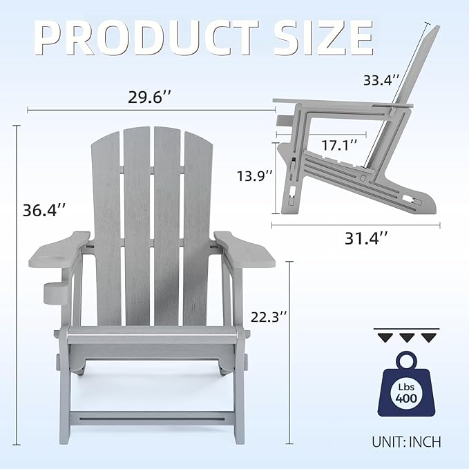 Adirondack Chair Set of 2, All Weather Plastic Adirondack Chairs, Fire Pit Chairs with Cup Holder, Outdoor Lawn Chair for Patio, Garden, Backyard, Grey