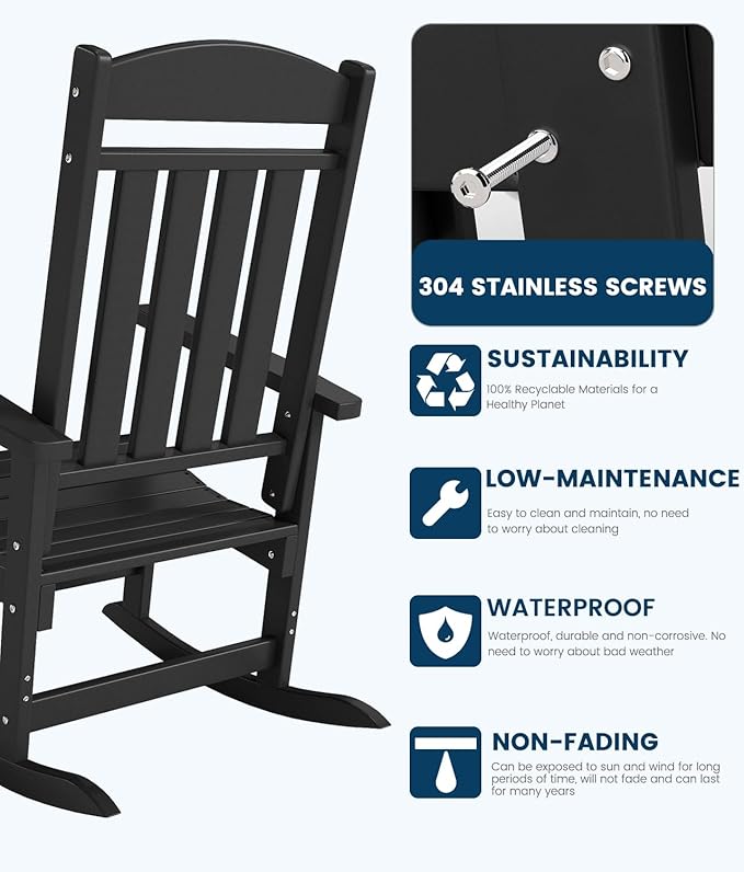 FOOWIN Outdoor Rocking Chair Set of 4,High Back Patio Rocking Chair, HDPE All Weather Resistant Porch Rocker for Adult, Oversized Rocking Chairs for Garden, Lawn, Indoor & Outdoor Use, Black