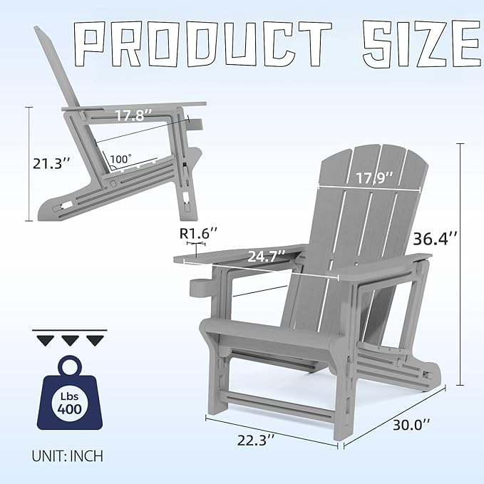 Adirondack Chair, All Weather Plastic Adirondack Chairs, Fire Pit Chairs with Cup Holder, Outdoor Lawn Chair for Patio, Garden, Backyard, Grey