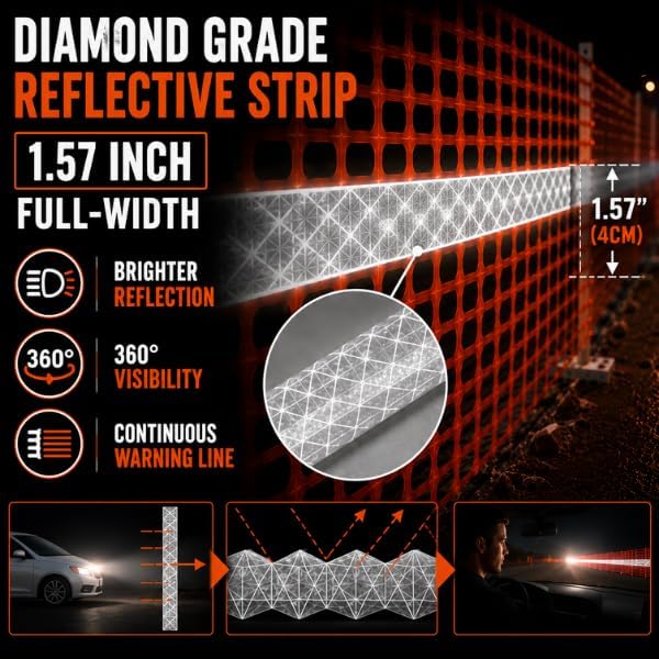 Reflective Plastic Mesh Fence, Night Visible Barrier with Zip Ties, Orange