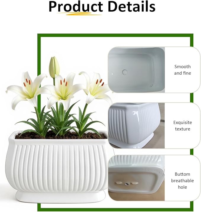 OXART Ceramic Plant pots Indoor Pots Set with Drainage Holes, 12+9 inch Flower Pot Rectangle Planters Pots for Plants for Plants Lilies, Cacti, Succulents, and Pothos, No Trays (White-2)
