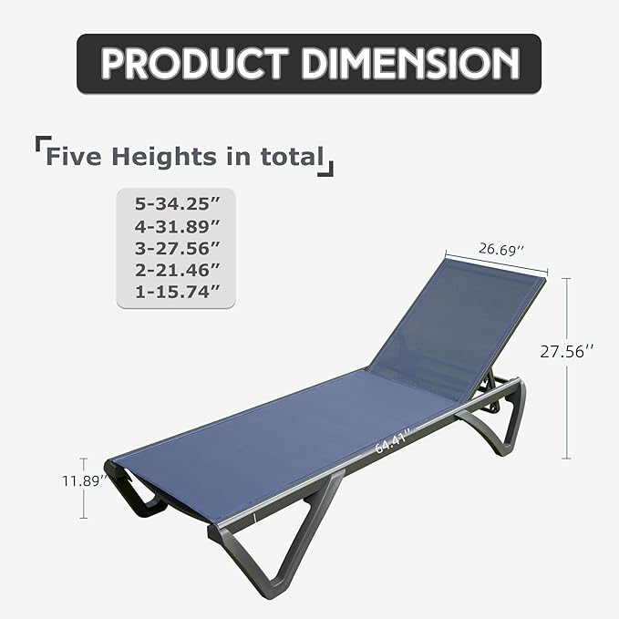 Domi Outdoor Lounge Chair Set of 2, Aluminum Patio Chaise Lounge with 5 Position Adjustable Backrest and Wheels, All Weather Reclining Chair for Patio, Navy Blue