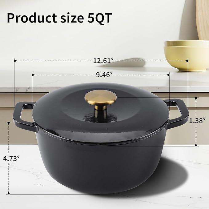 Enamel Cast Iron Dutch Oven with Lid,Dual Handles,Heavy-Duty Cookware for Sourdough Bread Baking,Braising,Stews,Roasting,Oven Safe up to 500° F,5QT,black