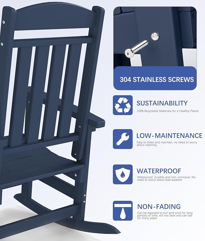 FOOWIN Outdoor Rocking Chair Set of 8, High Back Patio Rocking Chair, HDPE All Weather Resistant Porch Rocker for Adult, Oversized Rocking Chairs for Garden, Lawn, Indoor & Outdoor Use, Navy Blue