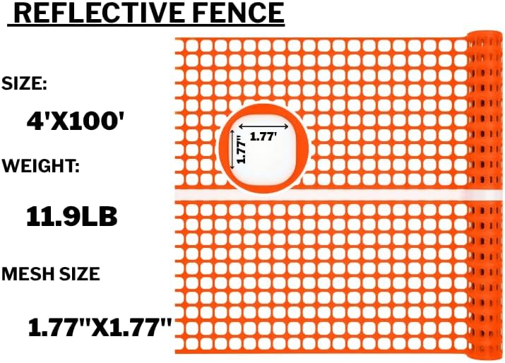 Reflective Plastic Mesh Fence, Night Visible Barrier with Zip Ties, Orange