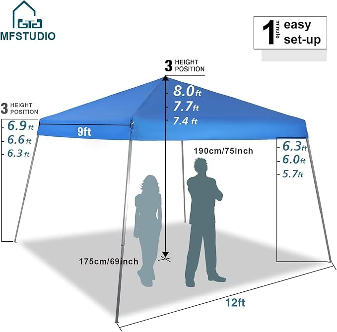 MFSTUDIO Pop up Canopy Tent,12x12 ft Footprint and 9x9 ft at top Canopies, Gazebo Shelter Sun Shade Waterproof Patio Popup Tents 4 Sandbag, for Beach,Parties,Camping