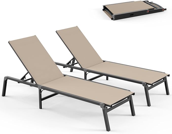 Pool Lounge Chairs Set of 2, Foldable Aluminum Chaise Lounge Outdoor with 5 Positions Recliner - Free Assembly - Patio Chaise Lounge Chair for Poolside, Beach, Yard (Khaki, 2 Pack)