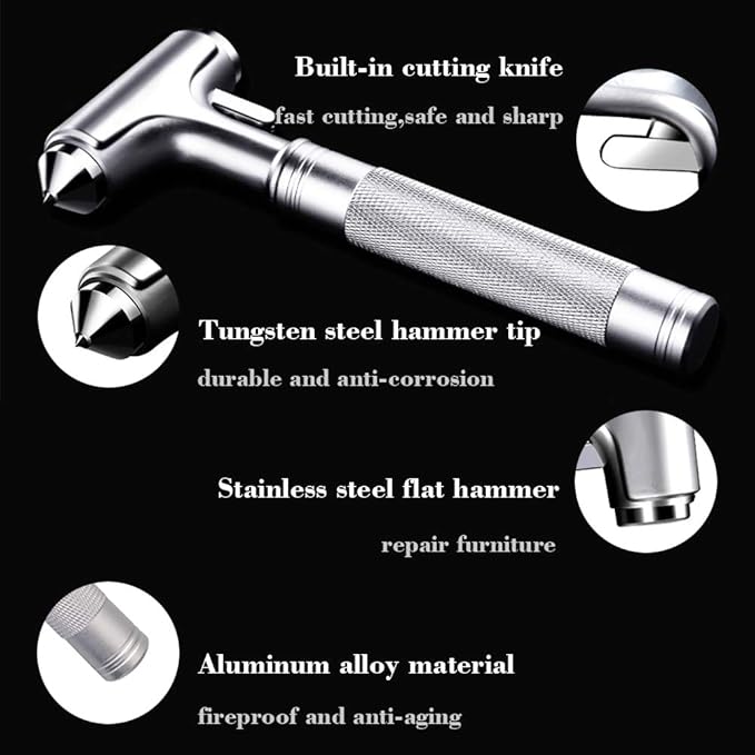 All Metal Safety Hammer with Window Breaker and Seatbelt Cutter - 3-in-1 Emergency Escape Tool for Car, Heavy-Duty Aluminum Alloy Car Accessories for Men, Essential for Emergency Car Kit (1pc)