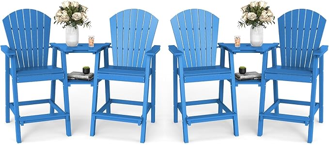FOOWIN Tall Adirondack Chair Set of 4, All Weather HDPE Bar Height Adirondack Chair with Double Connecting Trays, Adirondack Barstools for Balcony, Deck, Backyard, Patio, Garden Pacific Blue