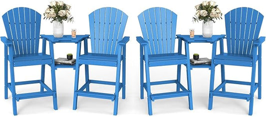 FOOWIN Tall Adirondack Chair Set of 4, All Weather HDPE Bar Height Adirondack Chair with Double Connecting Trays, Adirondack Barstools for Balcony, Deck, Backyard, Patio, Garden Pacific Blue
