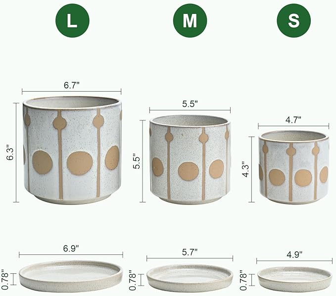 Ceramic Plant Pots Planters with Drainage Hole and Saucer Indoor Flower Pot Set with Hole Mesh Pad and Silicone Plug 4.72 + 5.51 + 6.5 Inch