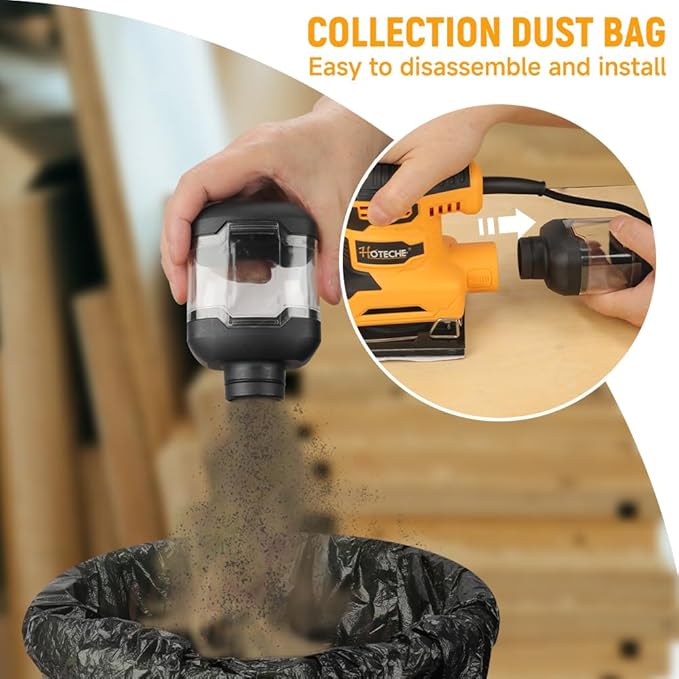 Hoteche 240W 110x100mm Palm Sander – Powerful Orbital Electric Sander with Dust Collection Box, Ergonomic Grip, Variable Speed for Wood, Metal, Paint Surface Finishing