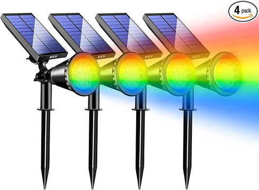 KEV Solar Spot Lights Outdoor,18 LEDs Solar Flood Lights with 8 Modes &Colored Adjustable &IPX65 Waterproof,Halloween Solar Spotlight for Driveway/Backyard/Landscape/Tree/Garage(Multicolor,4 Pack)
