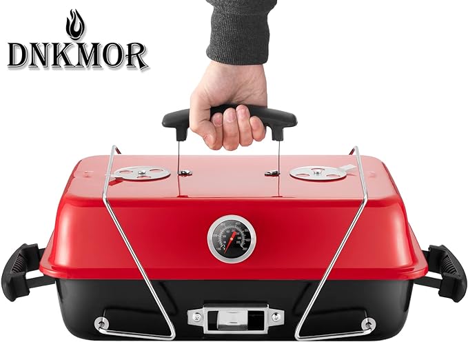 Portable Charcoal Grill, Tabletop Outdoor Barbecue Smoker, Small BBQ Grill for Outdoor Cooking Backyard Camping Picnics Beach,RED