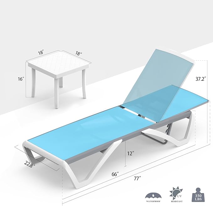 Domi Outdoor Chaise Lounge - Aluminum Adjustable Patio Lounge,Plastic Pool Lounge Chair (2 Aqua Lounges W/Table)