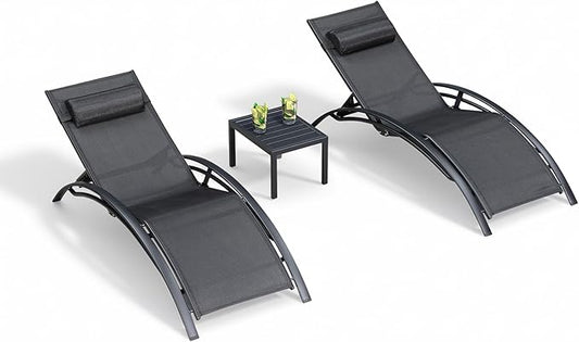 PURPLE LEAF Patio Chaise Lounge Set of 3 Outdoor Lounge Chair Beach Pool Sunbathing Lawn Lounger Recliner Chiar Outside Tanning Chairs with Arm for All Weather, Side Table Included, Black