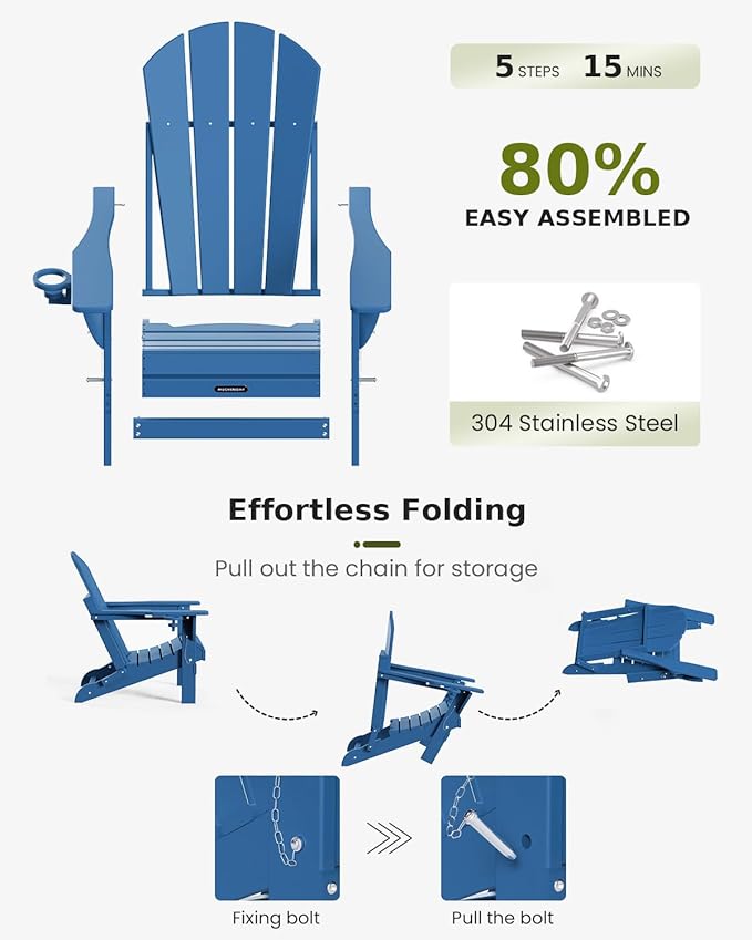 MUCHENGHY Folding Adirondack Chairs Set of 2 HDPE Weather Resistant, Patio Firepit Chairs, Sturdy Outside Chair, Lawn Chairs, 15min Assembly 380lb, Royal Blue