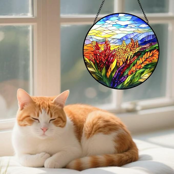 Stained Glass Window Hanging - The Season of Golden Wheat Harvest Suncatcher fof Garden Home Decor for Women Mon Grandma Friends