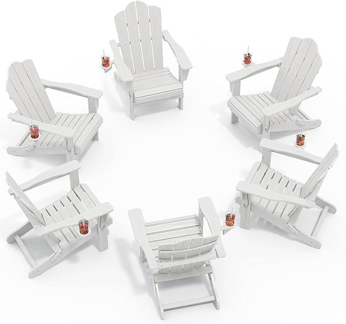 KINGYES Folding Adirondack Chair Set of 6, HDPE All-Weather Patio Chairs with Cup Holder, Wooden Textured Fire Pit Chairs for Poolside, Backyard, Deck, White