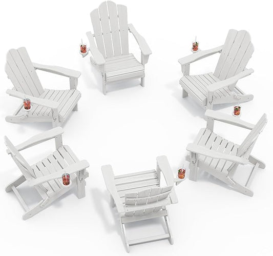 KINGYES Folding Adirondack Chair Set of 6, HDPE All-Weather Patio Chairs with Cup Holder, Wooden Textured Fire Pit Chairs for Poolside, Backyard, Deck, White