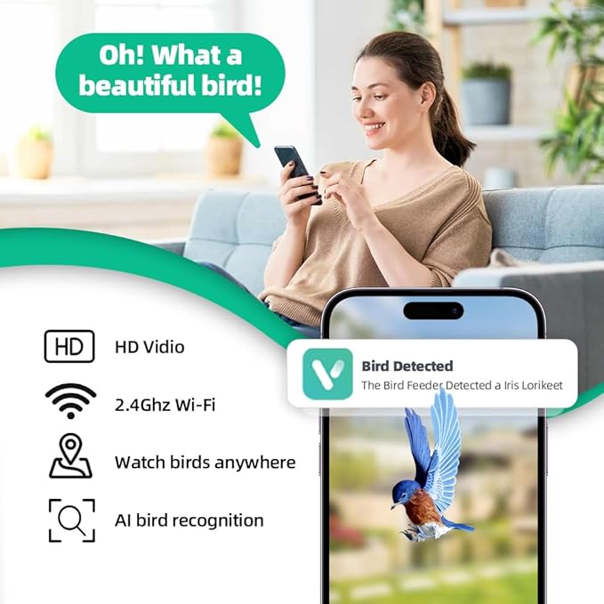 Smart Bird Feeder with Solar Camera - AI Bird 1000+ Species Recognition, 2K HD Live Stream, Real-Time Notifications & Video Recording for Outdoor Birdwatching