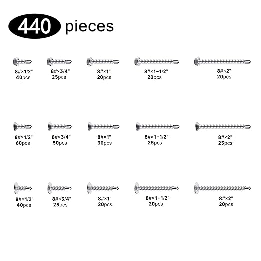 440 Pcs 410 Stainless Steel Sheet Metal Self-Tapping Screws Combination Set with Flat Head, Large Flat Head and Hexagon Head Screws