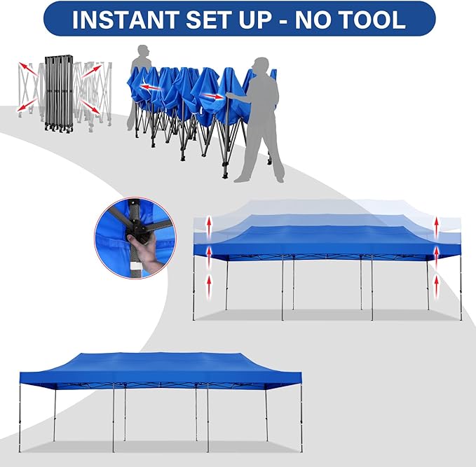 COBIZI 10x30 Pop up Canopy Heavy Duty Without Sidewalls, Easy Set-up Commercial Outdoor Party, 100% Waterproof Wedding Canopy Gazebo, 3 Height Adjustable with Wheeled Bag, Blue