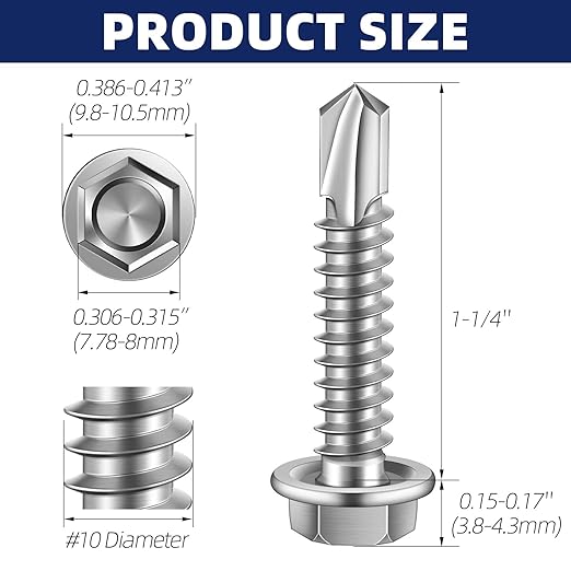 MewuDecor #10 x 1-1/4" (1/4" to 3" Available) Hex Washer Head Self Drilling Sheet Metal Screws with Drill Point, Stainless Steel 410, 50 PCS