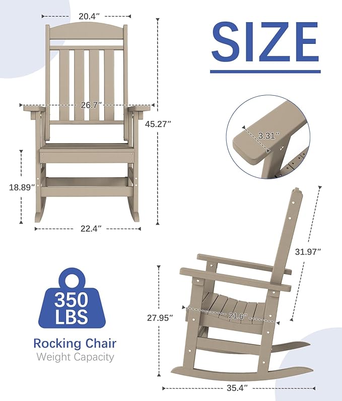 FOOWIN Outdoor Rocking Chair Set of 4, High Back Patio Rocking Chair, HDPE All Weather Resistant Porch Rocker for Adult, Oversized Rocking Chairs for Garden, Lawn, Indoor & Outdoor Use, Brown