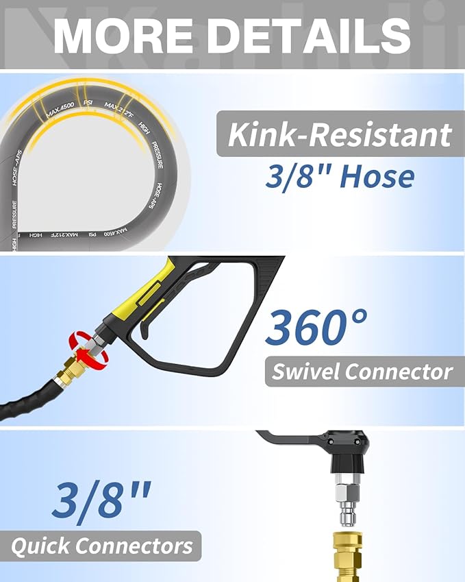 Pressure Washer Hose 50FT 3/8" for Cold and Hot Water 212°F, with Swivel Quick Connect, 4500PSI Kink Resistant Grade Steel Wire Braided, Power Washer Hose With 2pcs M22-14mm Adapter
