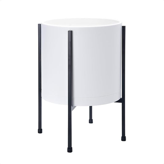 D'vine Dev 10 Inch White Planter Pot with Stand – Modern Plastic Cylinder Flower Pot with Heavy-Duty Metal Stand for Indoor Plants, 55-D-A-2