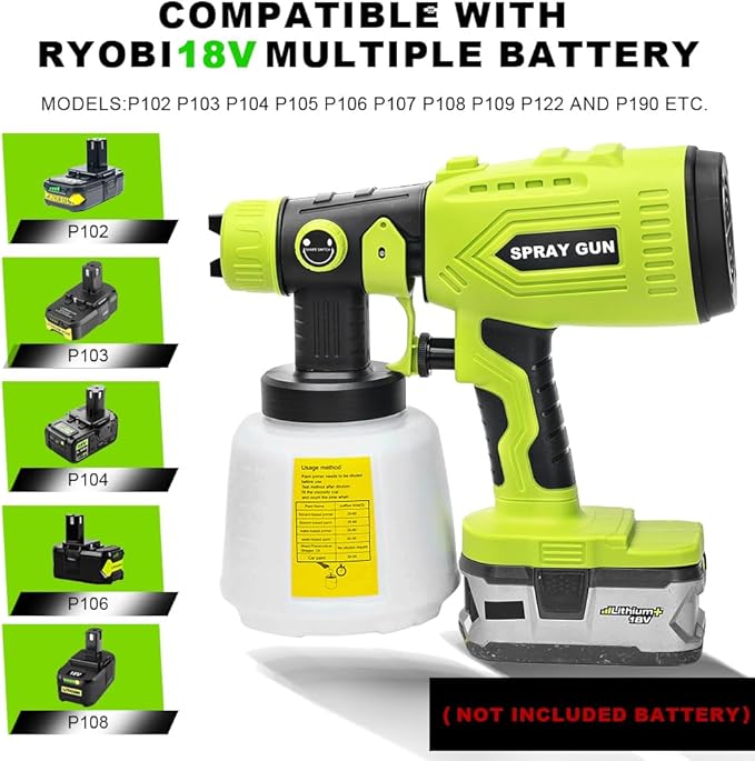 Paint Sprayer Compatible with Roybi 18V Lithium Battery, Cordless Paint Sprayer HVLP Spray Gun with Copper Nozzle, 200W Power Easy to Clean for Home Interior,Exterior, Renovation(Tool Only)