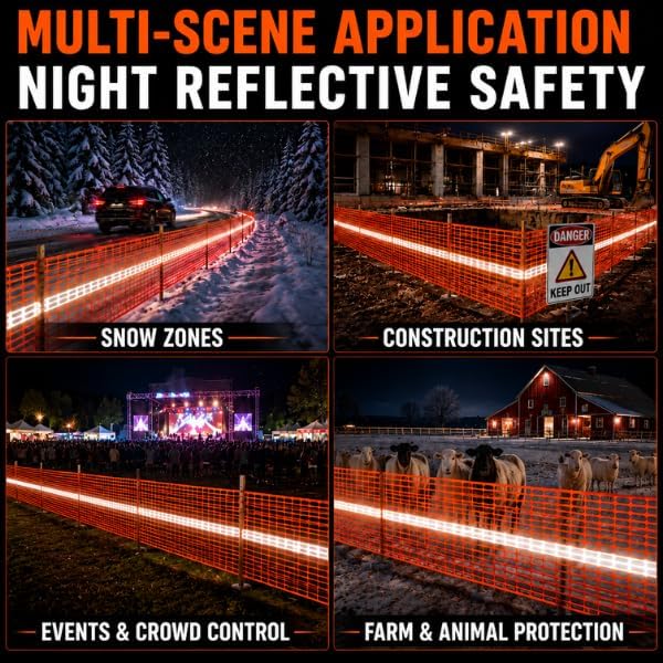 Reflective Plastic Mesh Fence, Night Visible Barrier with Zip Ties, Orange