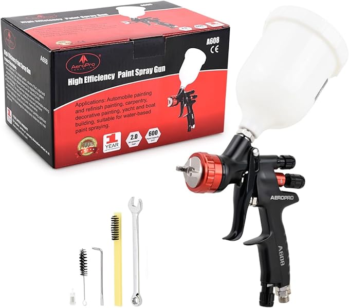 AEROPRO Tools A608 HVLP Air Spray Gun, 1.3mm Nozzle, 600cc Plastic Cup, Auto Paint Spray Gun, Automotive Paint Gun, Body Repair Paint Spray Guns, Car Paint Gun for Touch Up, Primer, Top Coat