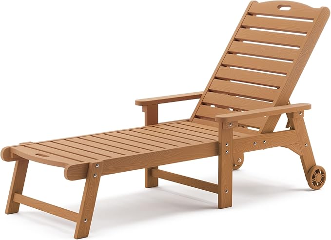 LUE BONA Outdoor Chaise Lounge, 79'' Oversized HDPS Chaise Lounger, 5 Positions Adjustable Lounge Chairs, Pool Lounge Chair with Wheels for Poolside, Backyard, 3 Year Warranty, Teak Color