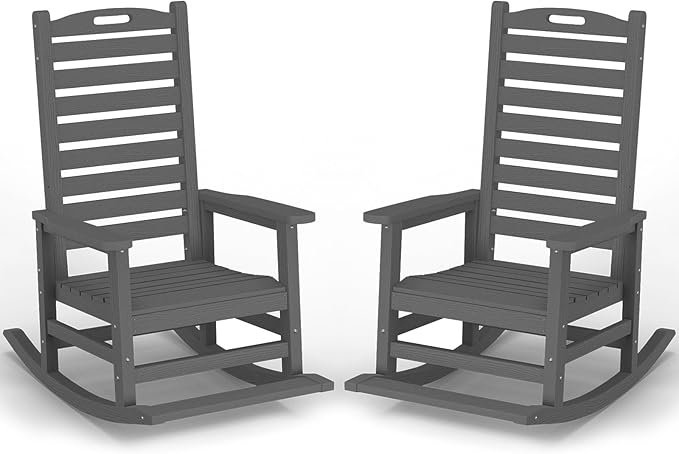 Outdoor Rocking Chair Set of 2 with Removable Footboard for Adults, HDPE High Back Patio Rocking Chairs, 330lbs All Weather Porch Rocking Chairs for Outdoor & Indoor -Grey