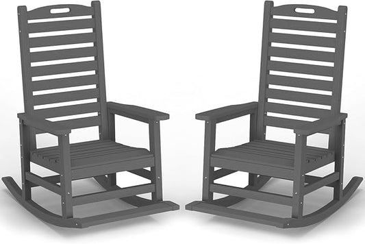 Outdoor Rocking Chair Set of 2 with Removable Footboard for Adults, HDPE High Back Patio Rocking Chairs, 330lbs All Weather Porch Rocking Chairs for Outdoor & Indoor -Grey