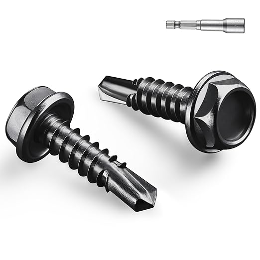 #10 x 5/8 Inch Self Drilling Screws, (307pcs) 2 lbs Black Self Tapping Screws for Metal, 410 Stainless Steel Hex Washer Head Sheet Metal Screw