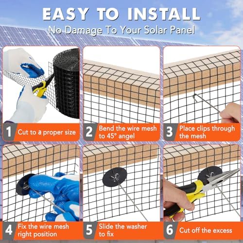 8in x 100ft Solar Panel Bird & Critter Guard Kit, Includes 70 Fastener Clips, 100 Cable Ties, Gloves, Pliers & PVC Coated Wire Mesh for Bird, Critters Control