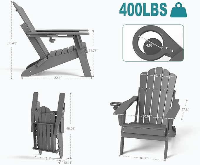 FOOWIN Adirondack Chair Set of 6, Folding Adirondack Chair with Cup Holder, HDPE All-Weather Fire Pit Chair for Patio, Garden, Backyard, Poolside, Grey