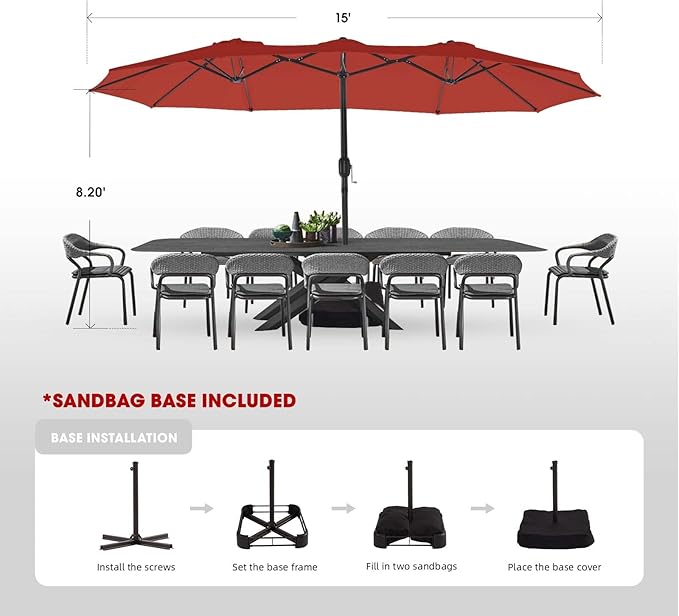 wikiwiki 15ft Large Patio Umbrellas with Base Included, Outdoor Double-Sided Umbrella with Crank Handle, Powerful UV Protective, for Pool Lawn Garden, Red