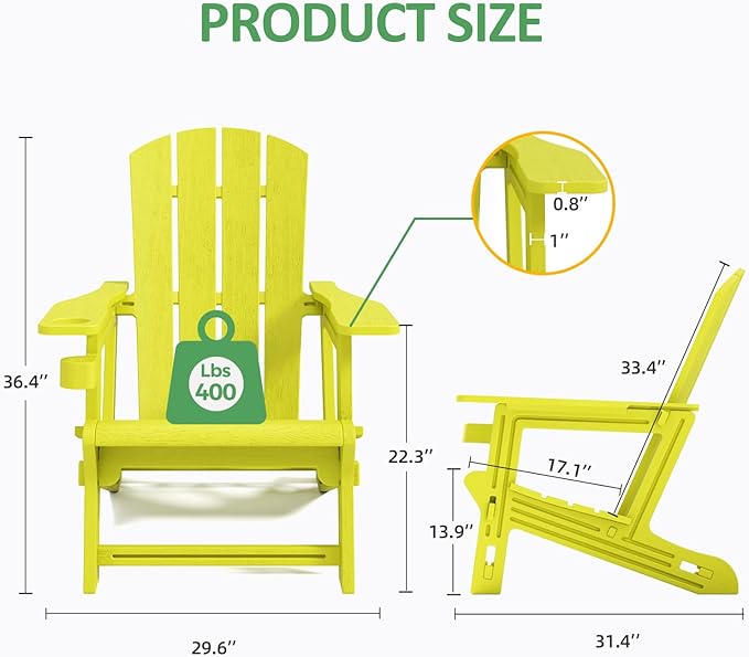 Adirondack Chairs Set of 4,Adirondack Chair with Cup Holders,Wooden Textured Plastic Fire Pit Chair,All-Weather Outdoor Patio Chairs for Lawn,Backyard Deck, Porch,400LBS Heavy-Duty,Yellow