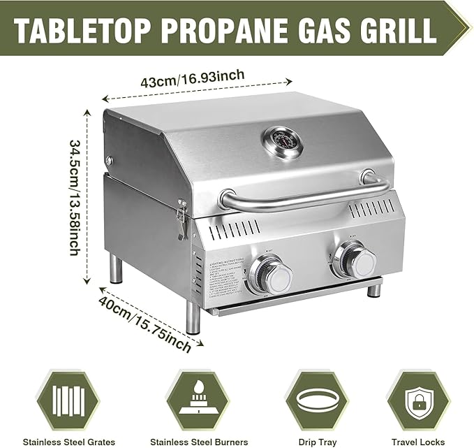 Llamaviva 2-Burner Tabletop Gas Grill with Outdoor Table, Portable Stainless Steel Cooking Station with Storage Shelves, Hooks, and Locking Wheels for Tailgating, Camping & Backyard BBQ