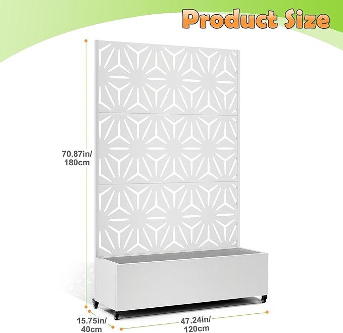Metal Raised Garden Bed with Trellis, 2 in 1 Trellis with Planter Box & Privacy Screen for Climbing Plants, Vine, Outdoor Standing Flower Beds with Drainage Holes,47.2"L x 16.7"W x 70.8"H,(White-Star)