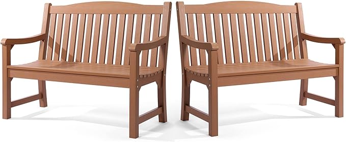 Outdoor Bench Set of 2, All Weather Resistant Poly Lumber 2-Person Weatherproof Patio Garden Bench, Will not Rot and Fade, Outside Bench Suit for Garden, Porch,Balcony, Poolside, Park - Teak