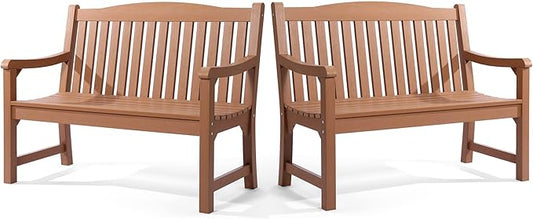 Outdoor Bench Set of 2, All Weather Resistant Poly Lumber 2-Person Weatherproof Patio Garden Bench, Will not Rot and Fade, Outside Bench Suit for Garden, Porch,Balcony, Poolside, Park - Teak